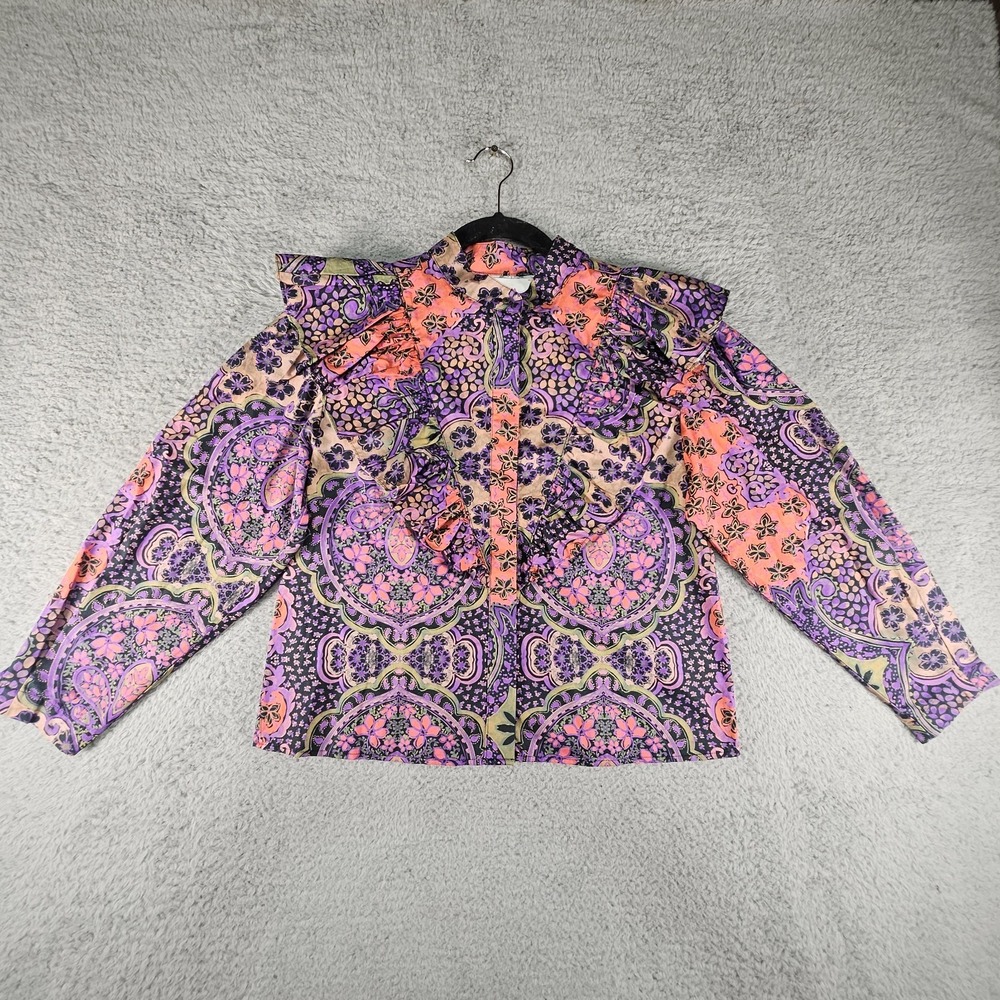 Xirena Top Women XS Floral Mixed Media Ruffle Button Artsy Edwardian Cottagecore